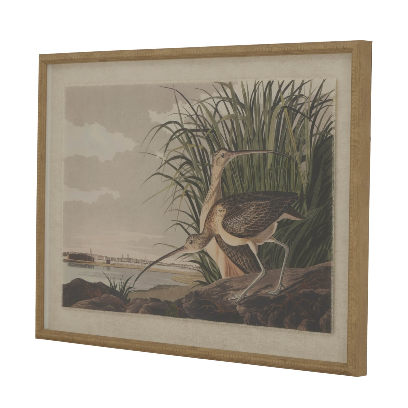 Handcrafted curlew artwork on linen with beaded frame in earthy tones, perfect for coastal-inspired decor by sostter at brixbailey.com