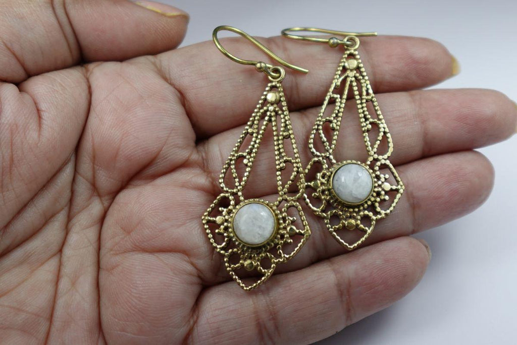 Mandala Brass Earrings with Gemstone Drop