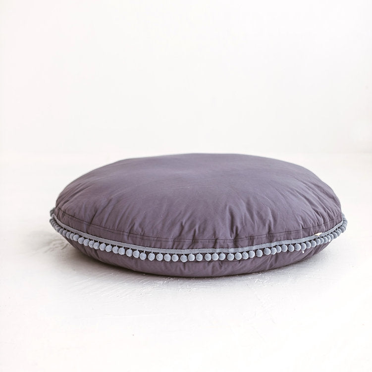 Large Floor Cushion with Pom Poms in Grey