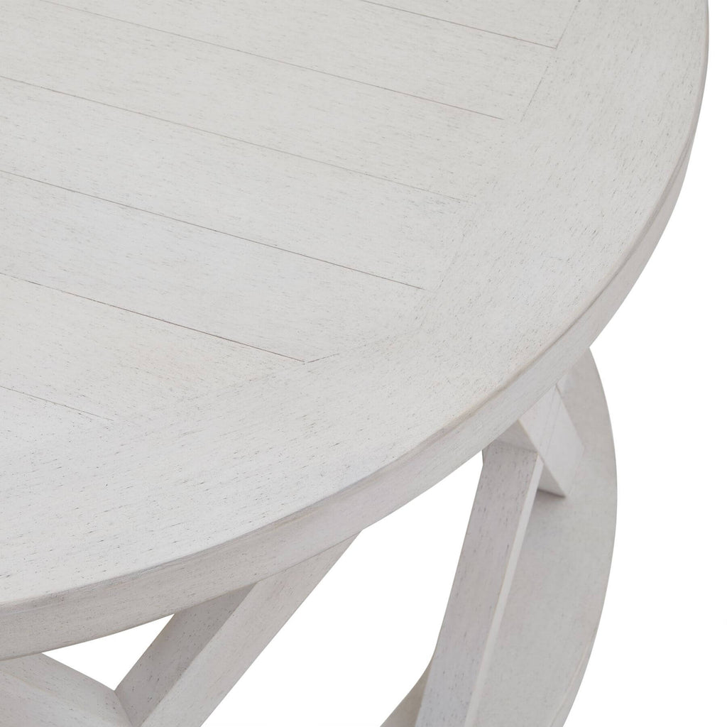 Distressed white round pine coffee table with lattice pattern, rustic modern design, 100cm diameter by RoomLondon at brixbailey.com