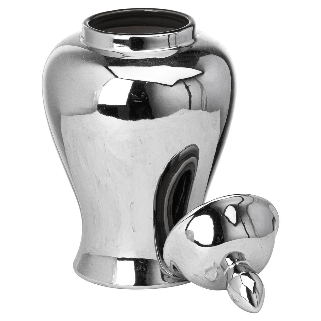Handcrafted chrome ginger jar in lustrous silver ceramic, 28cm tall, perfect for home decor or floral arrangements by RoomLondon at brixbailey.com
