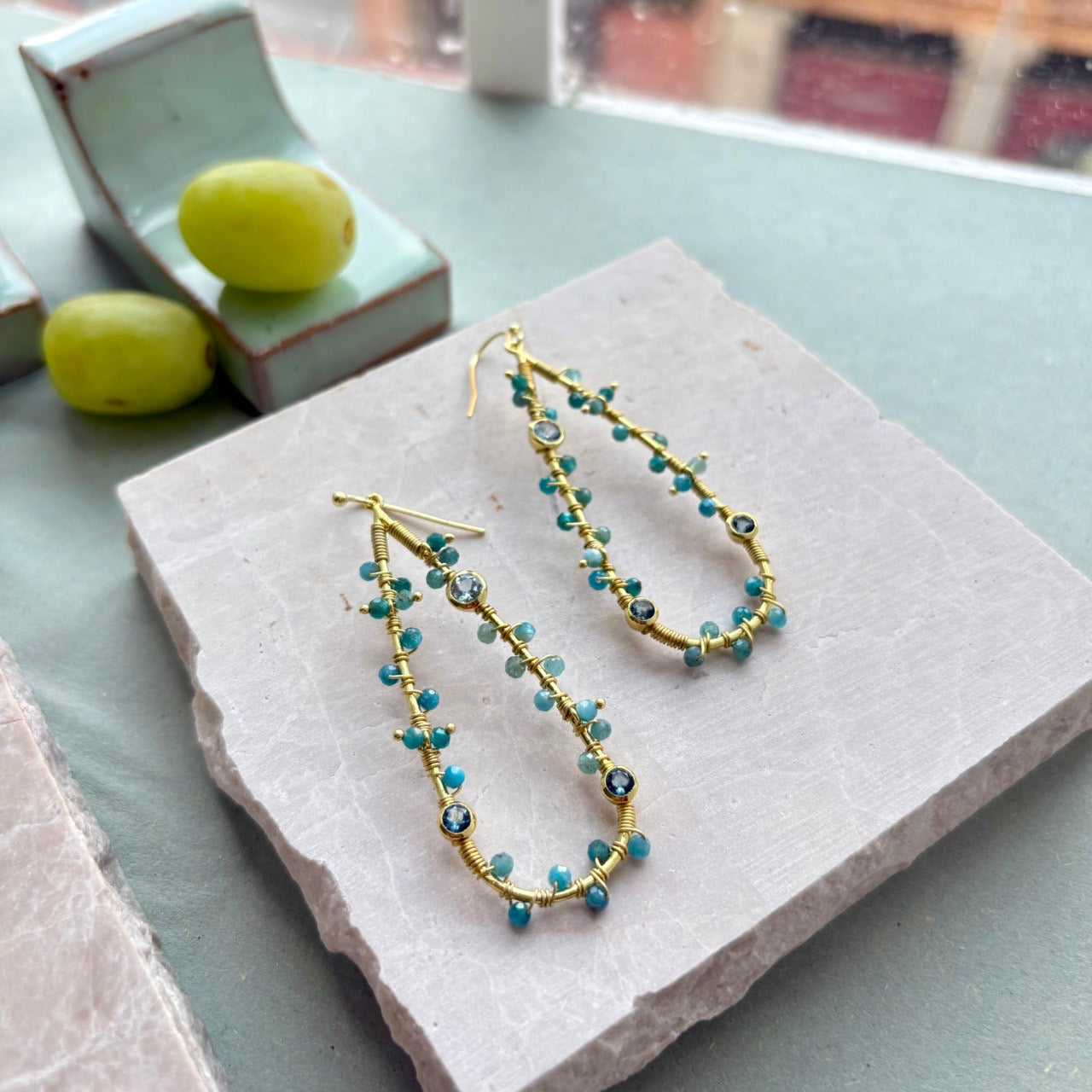 Large Teardrop Wire Wrapped Blue Gemstone Earrings