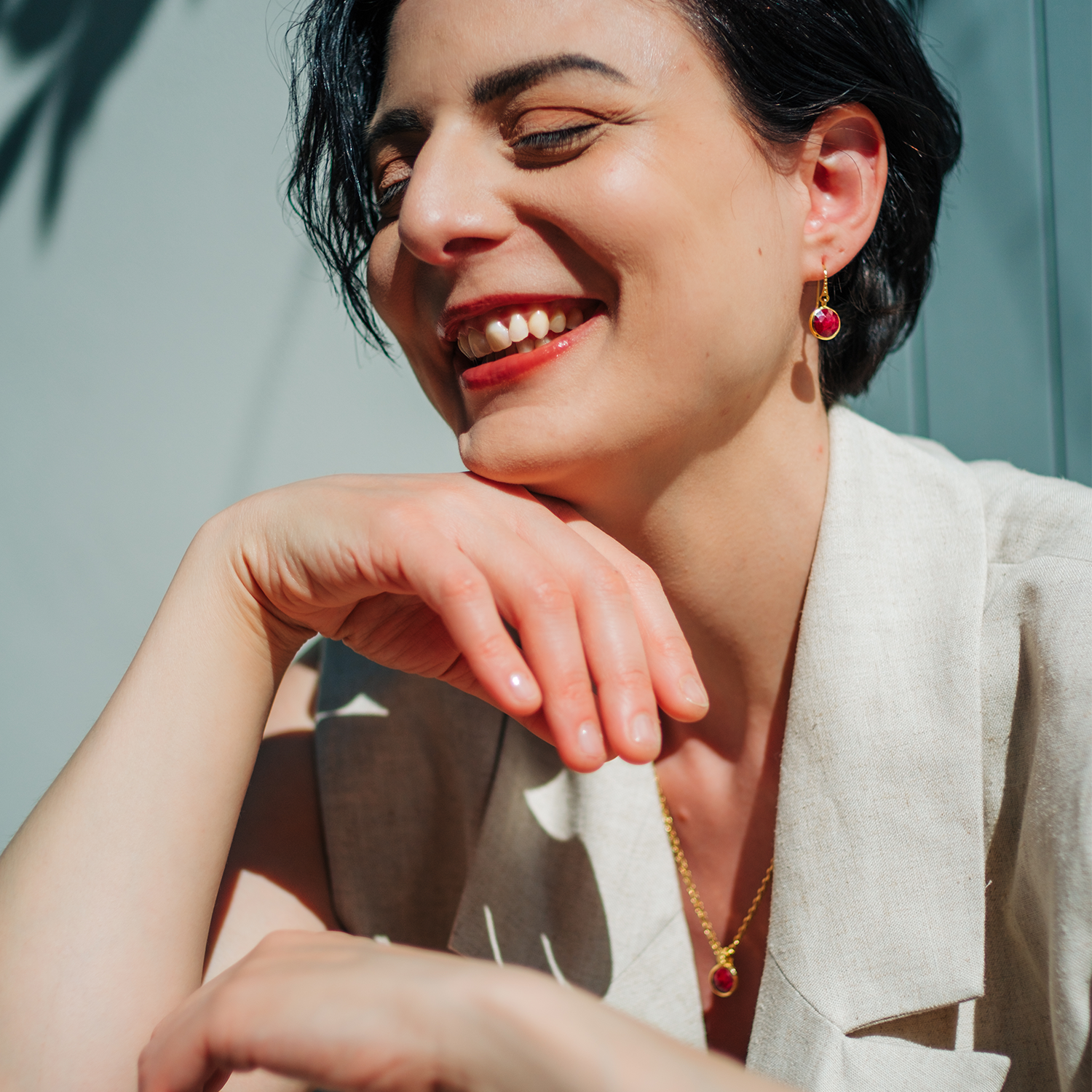 Round Ruby Quartz Drop Earrings in Gold