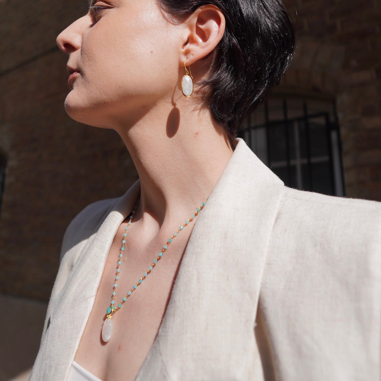 Charis Oval Rainbow Moonstone Drop Earrings