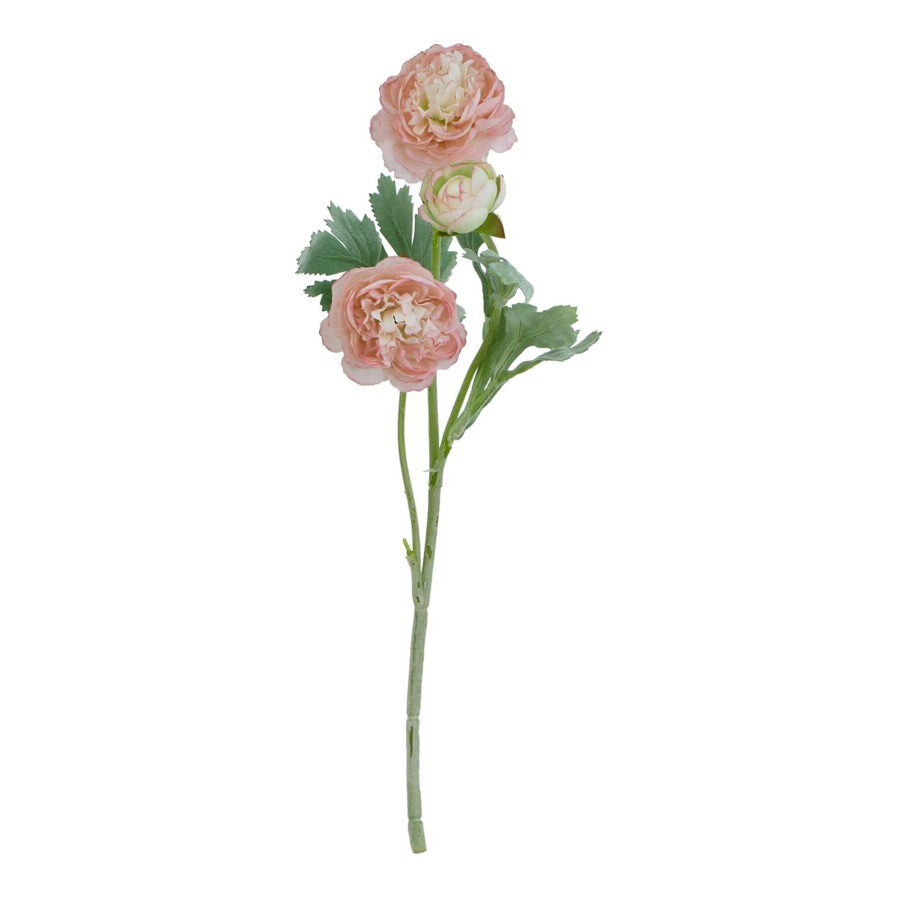 Lifelike pink ranunculus faux flower stem with green foliage, perfect for home decor and floral arrangements by sostter at brixbailey.com