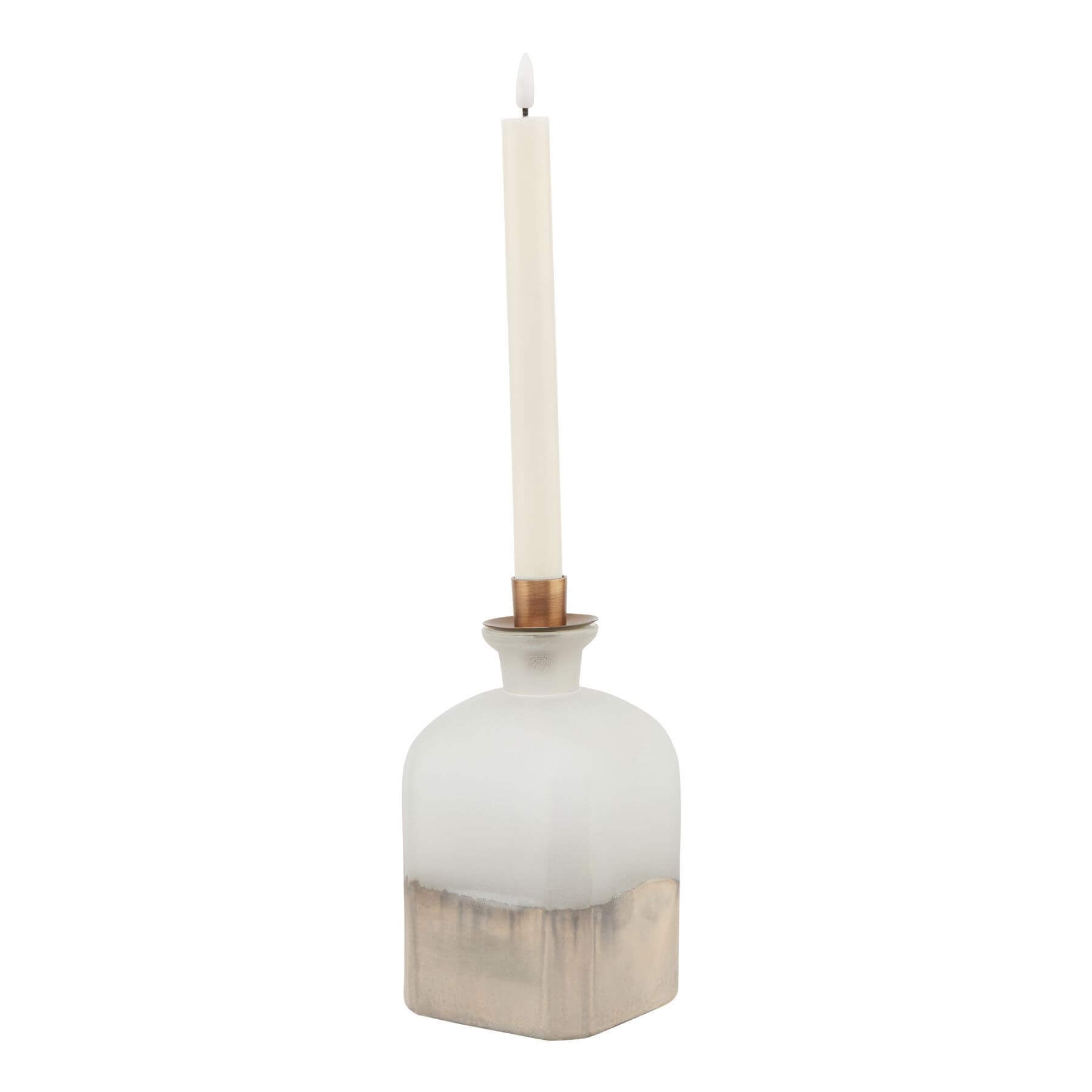 Handcrafted brass candle holder vase with burnished finish, aged detailing, and warm grey glass, 20cm tall. by RoomLondon at brixbailey.com