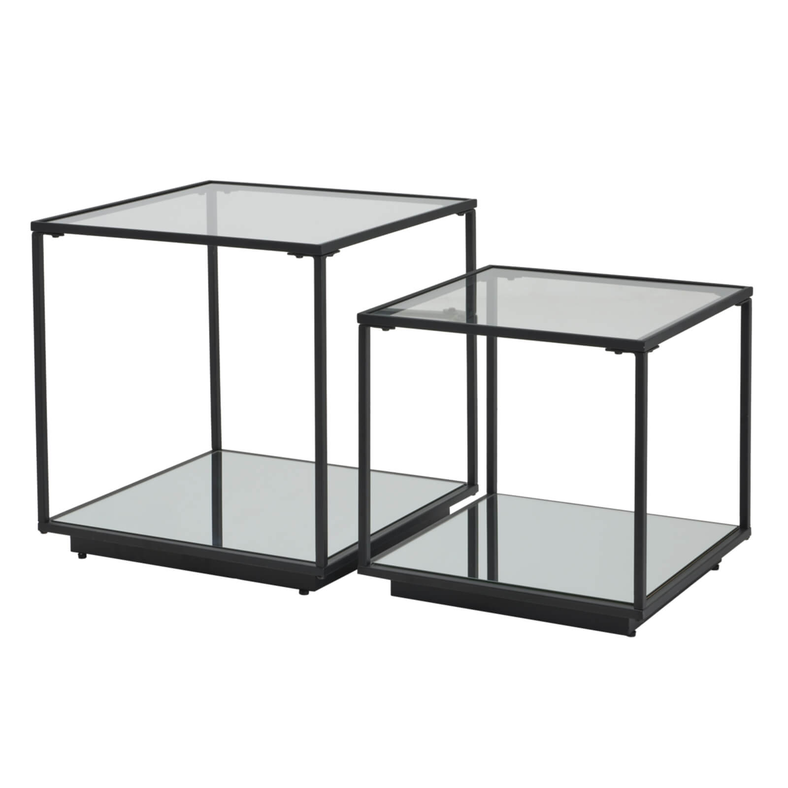 Pair of modern black metal and glass side tables with minimalist design for contemporary living rooms by Sostter at brixbailey.com