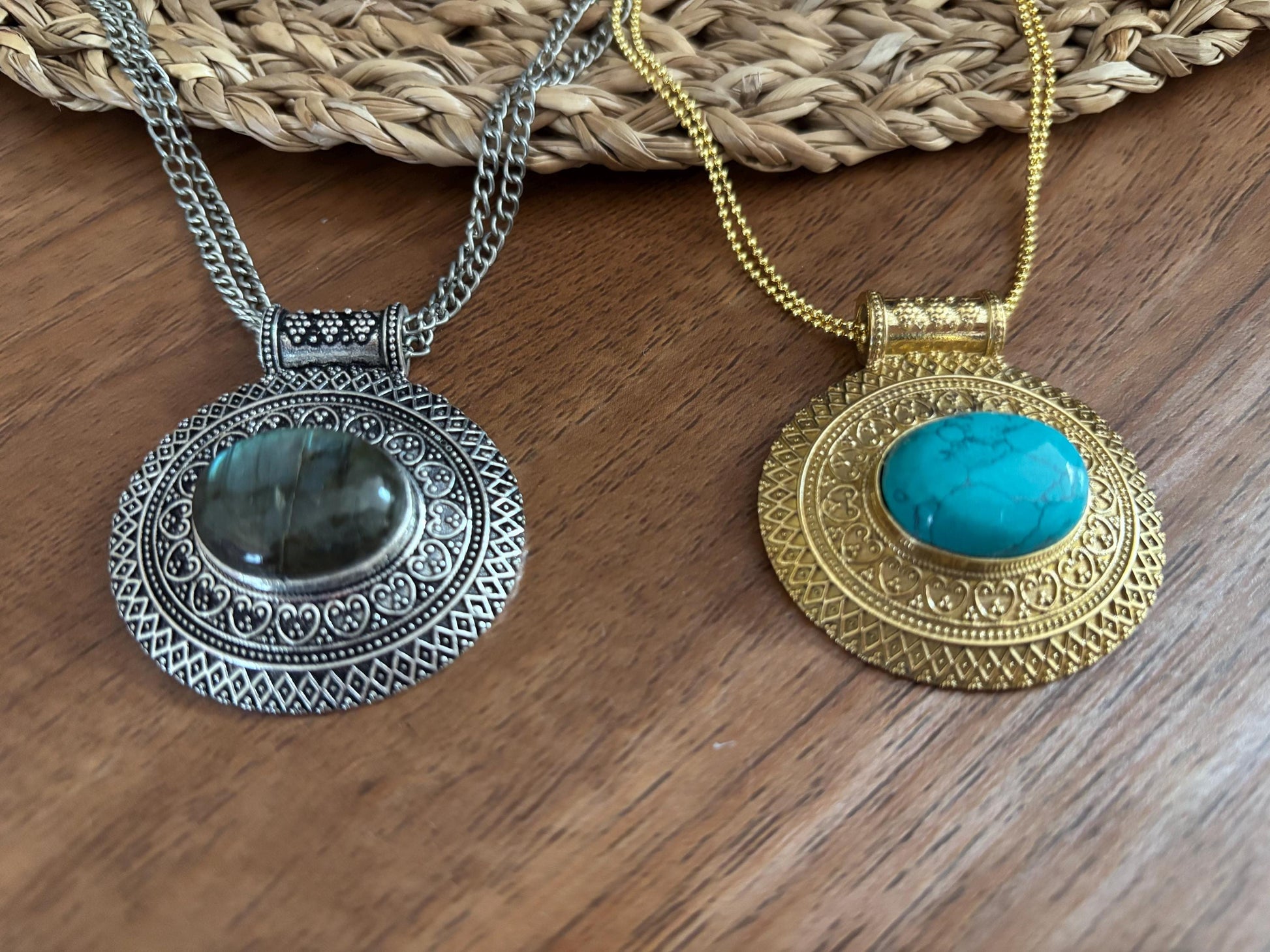 Turquoise and Labradorite Heart Pendants