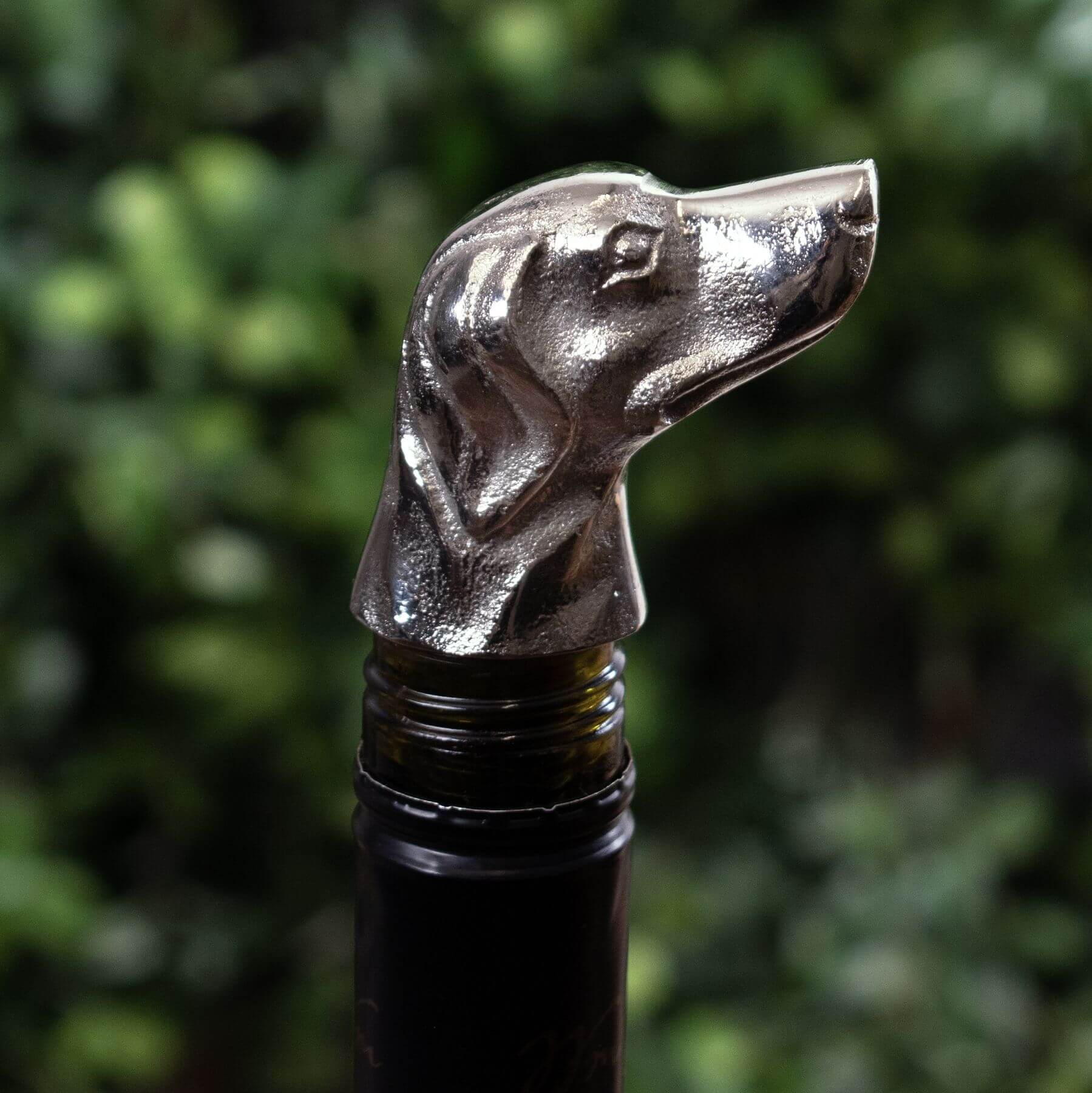 Silver nickel dog head wine bottle stopper, elegant metal bar accessory with detailed canine sculpture by RoomLondon at brixbailey.com