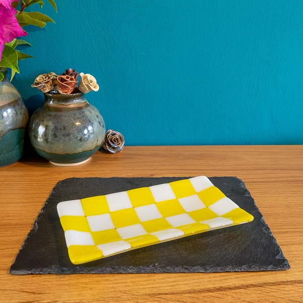 Chequered White and Colour Large Fused Glass Tray 21x12cm