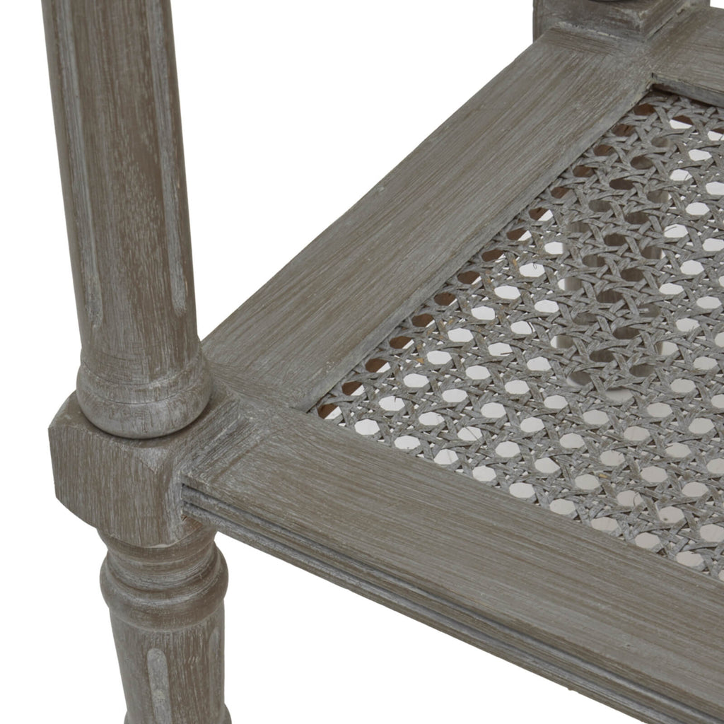 Handwoven rattan console table with tapered legs in soft grey finish, perfect for modern farmhouse or coastal decor. by sostter at brixbailey.com