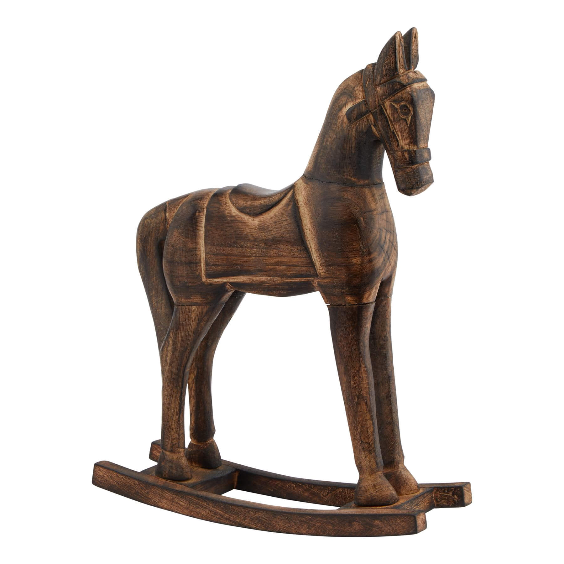 Natural wooden rocking horse for nursery, handcrafted solid wood with smooth finish, warm brown heirloom toy. by RoomLondon at brixbailey.com