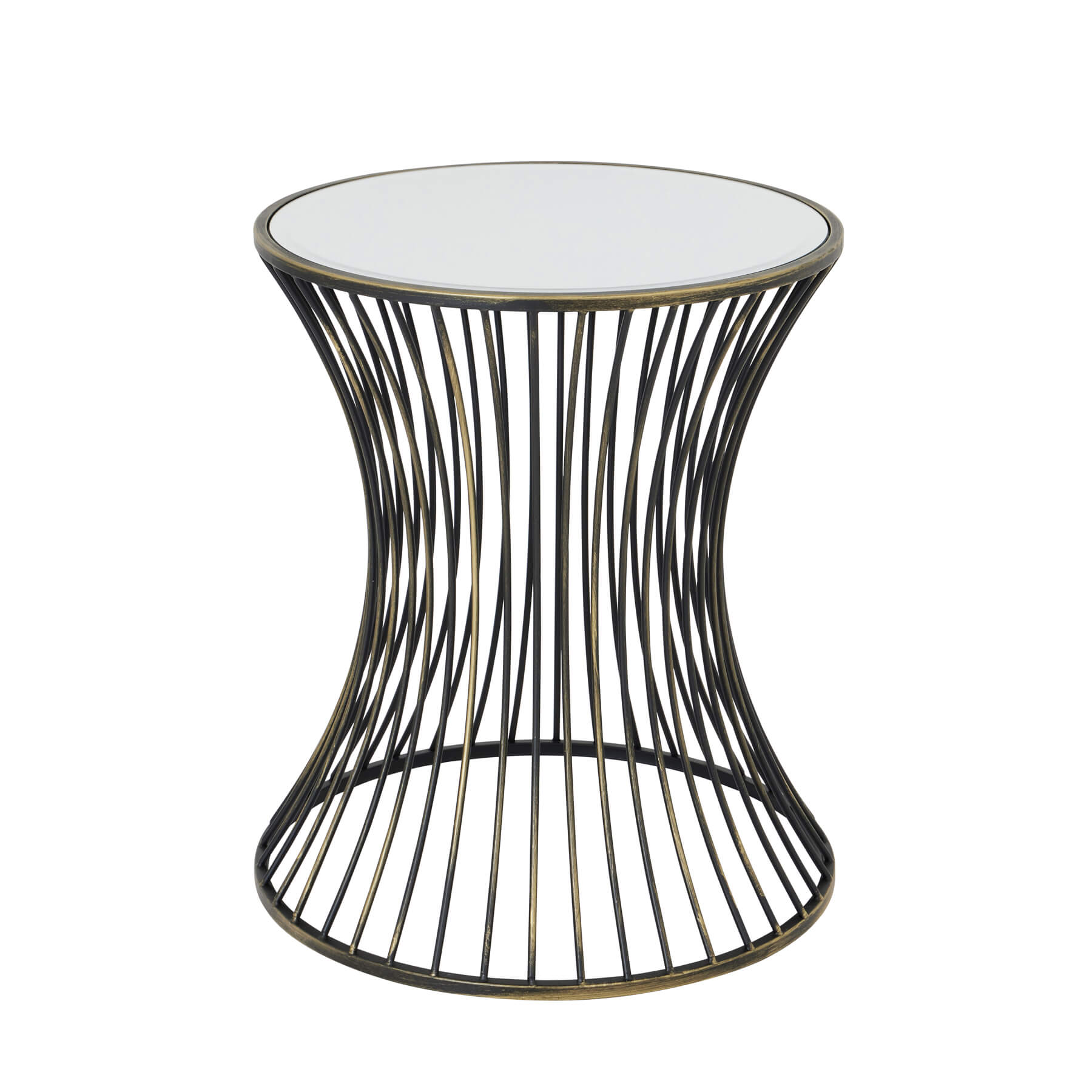 Handcrafted brass side table with black patina finish, concave silhouette, and mirrored glass surface for modern interiors. by RoomLondon at brixbailey.com