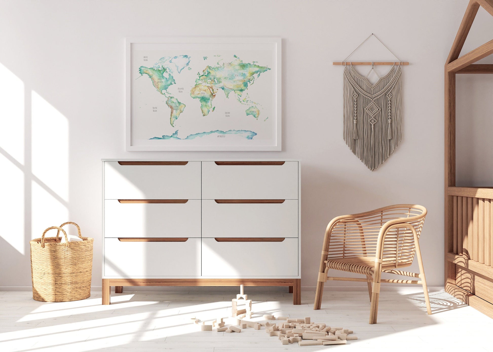 Hand Painted Wildlife World Map Print for Children