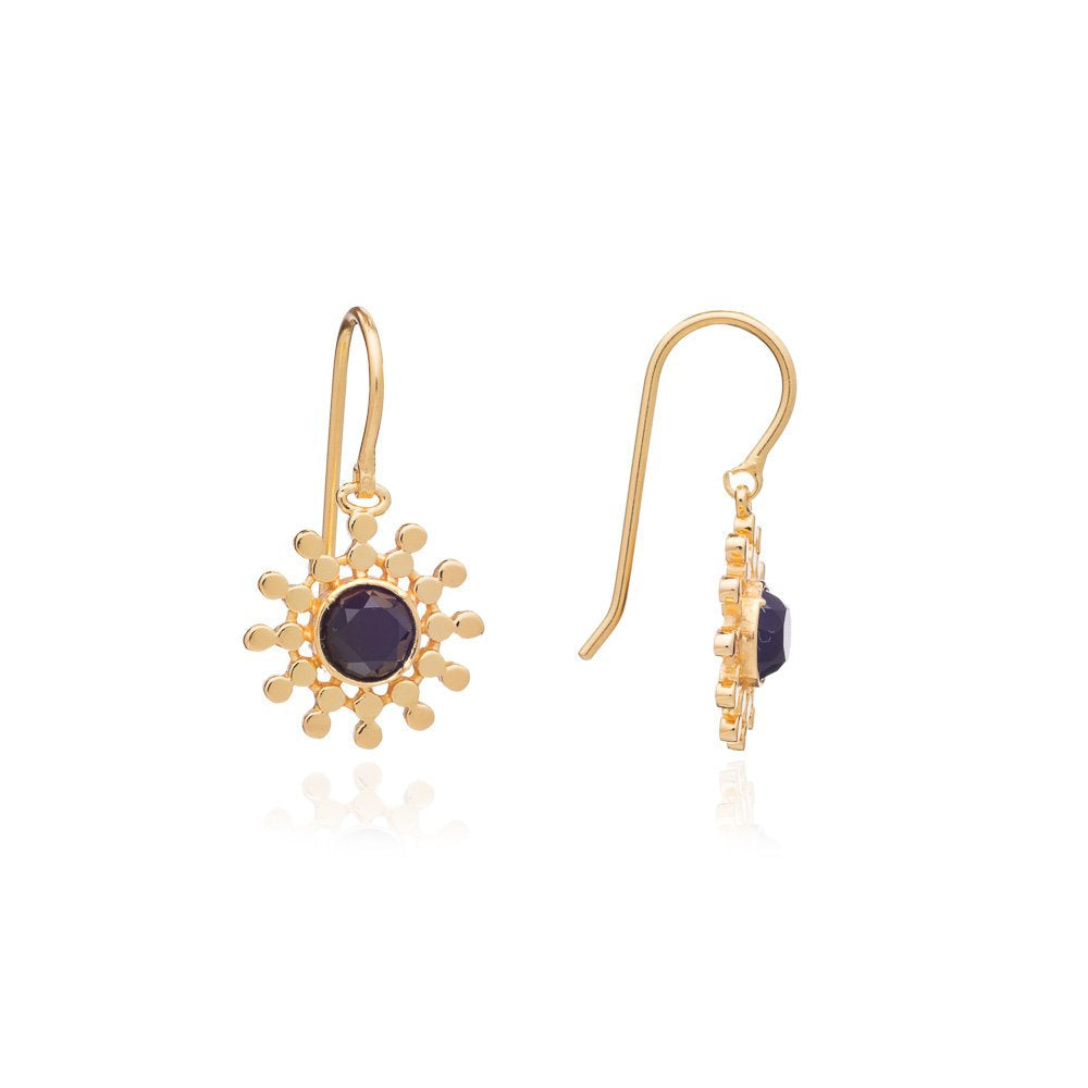 Gold Sun Drop Earrings with Black Onyx