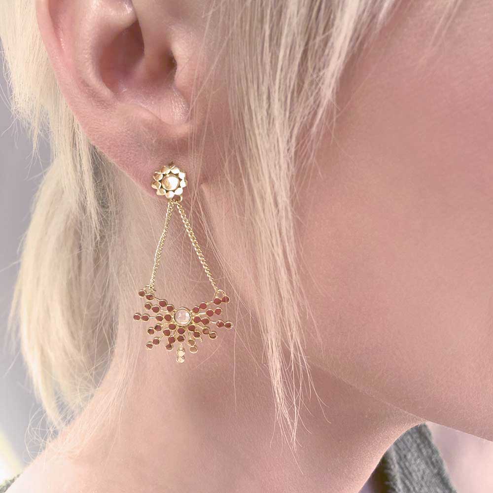 Rose Quartz Radiating Bead Stud Earrings in Gold