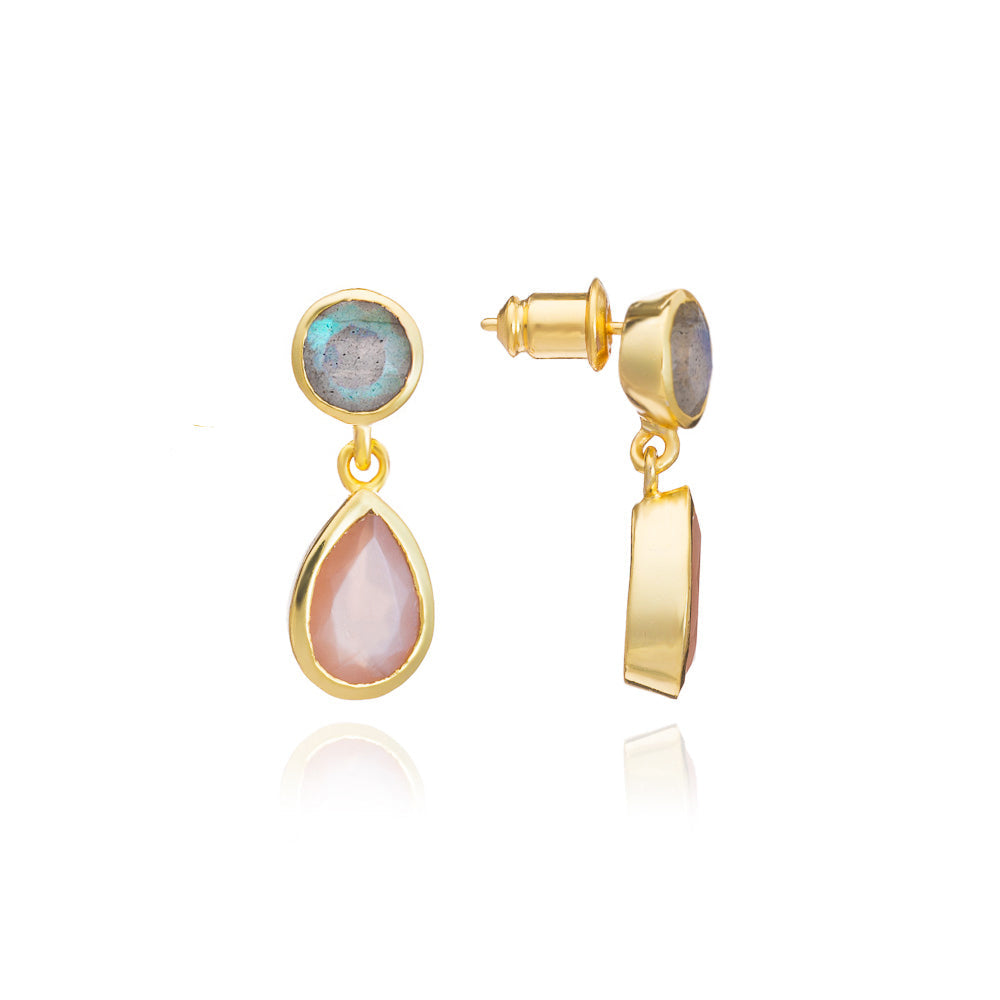 Iris Double Gemstone Drop Earrings with Peach Moonstone & Labradorite
