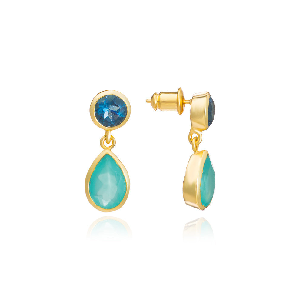 Gold Double Gemstone Drop Earrings with Pariba Onyx and Iolite