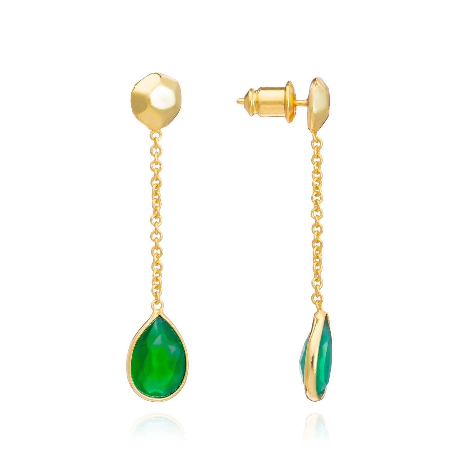 Gold Nugget Studs with Gemstone Drops Green Onyx