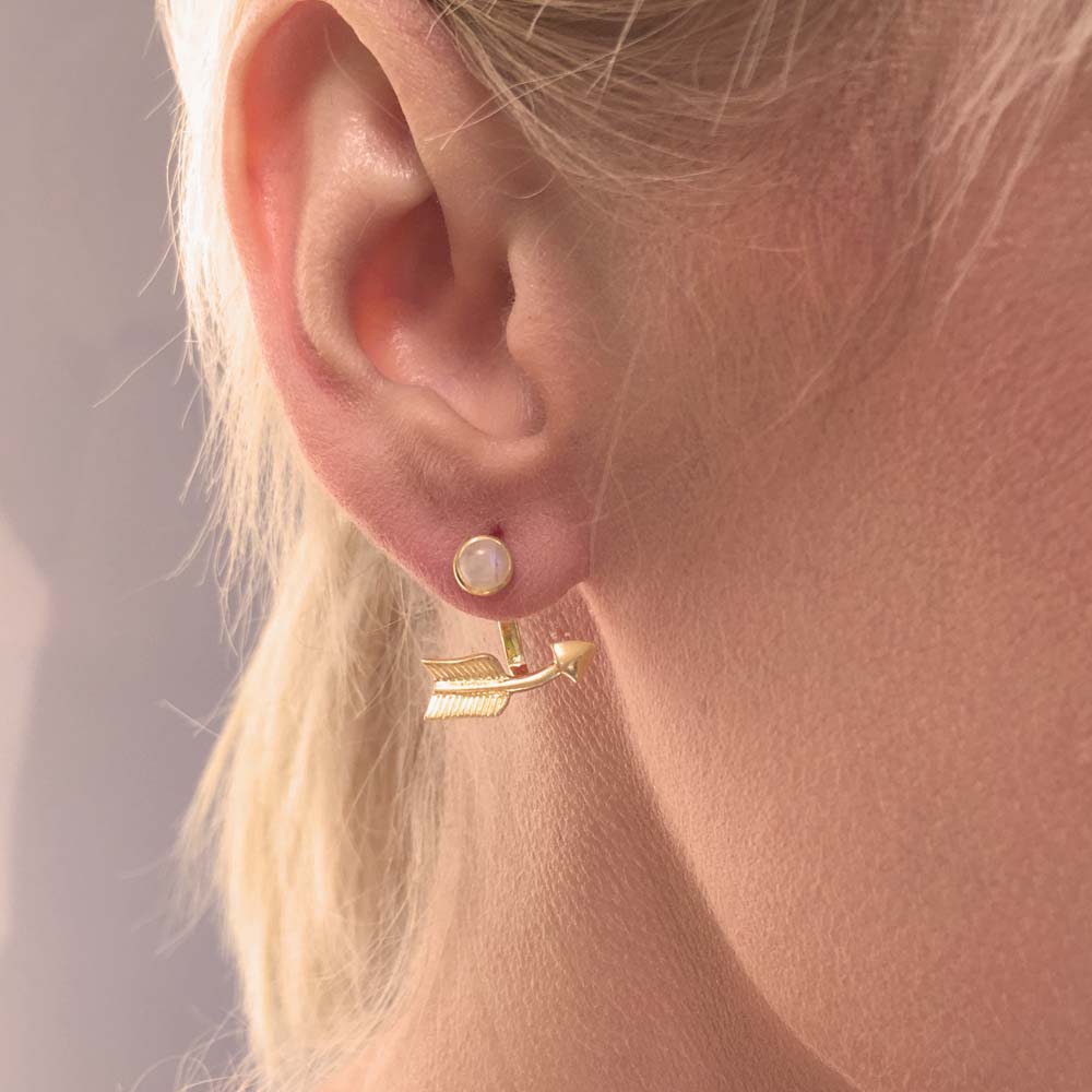Pueblo Curved Arrow and Moonstone Ear Jacket, Gold Vermeil
