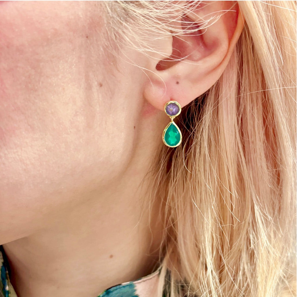 Iris Double Gemstone Drop Earrings with Amethyst & Green Onyx