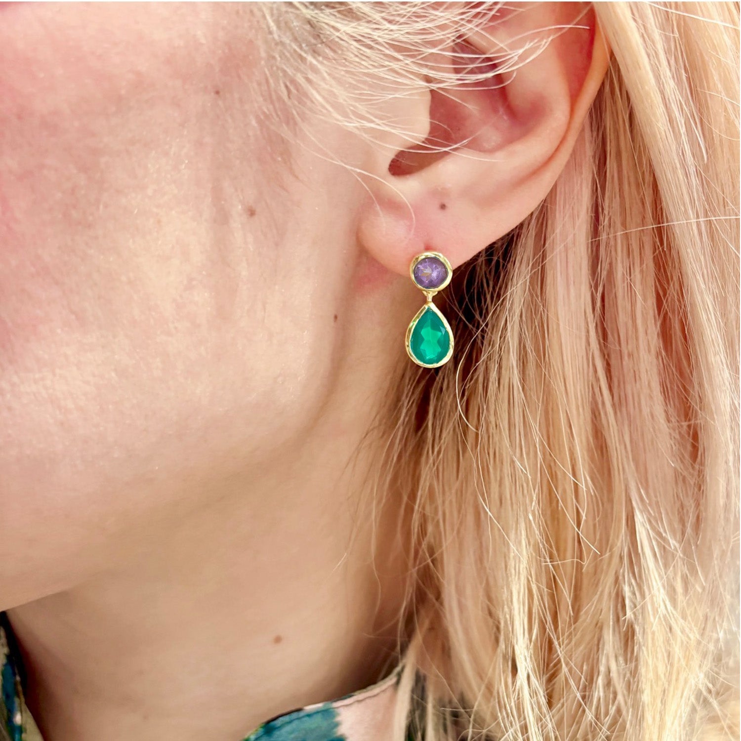 Iris Double Gemstone Drop Earrings with Amethyst & Green Onyx