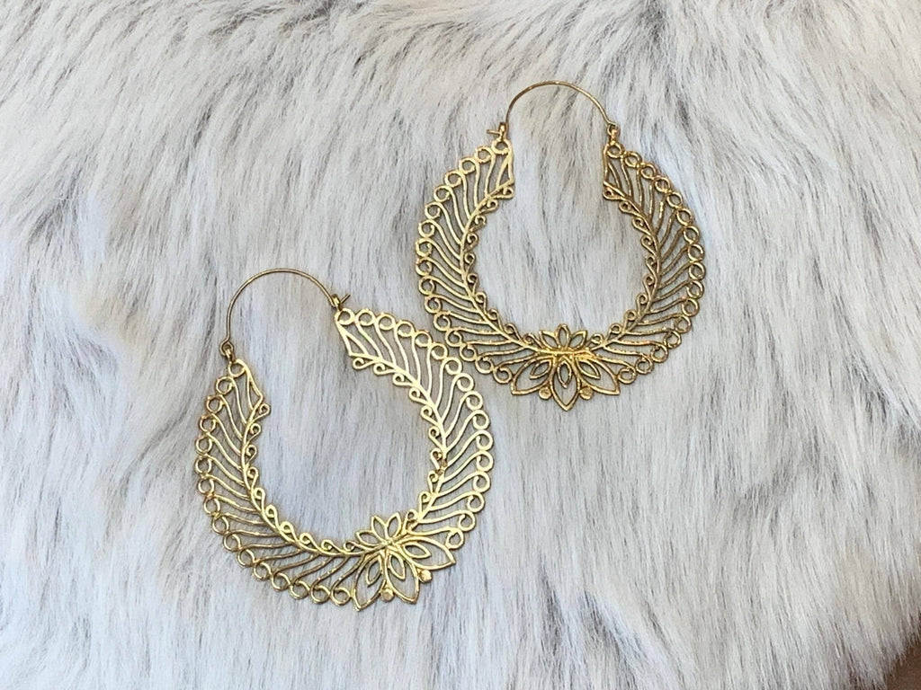 Golden Lotus Filigree Hoops Brass Statement Earrings