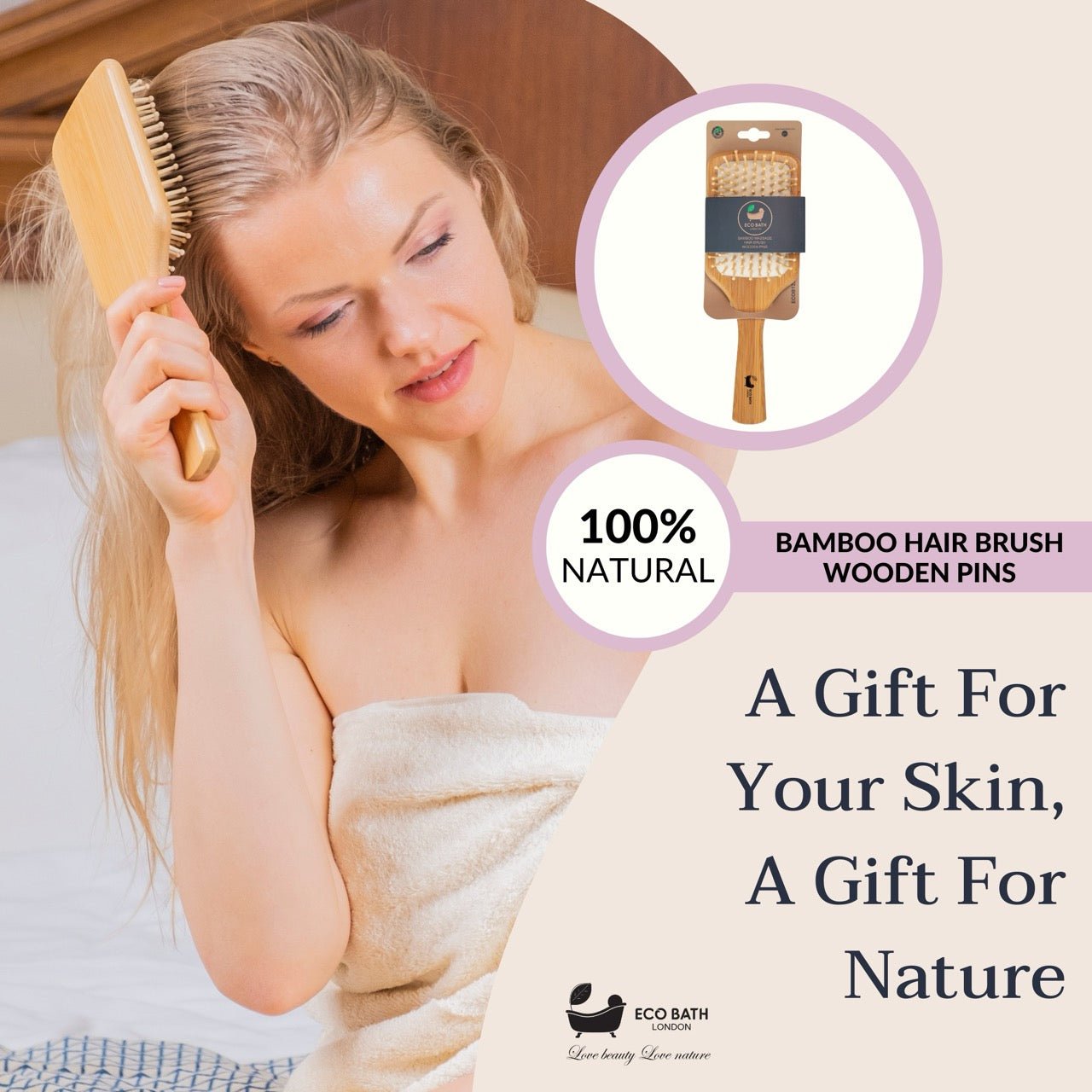 Eco Bath London Bamboo Hairbrush with Wooden Pins - Eco-Friendly Paddle Detangler for Long, Thick, and Curly Hair