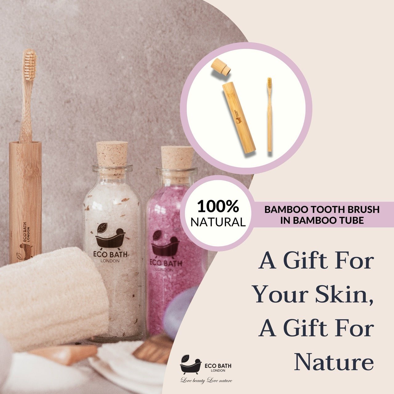 Eco Bath London Bamboo Toothbrush in Bamboo Tube Travel Case