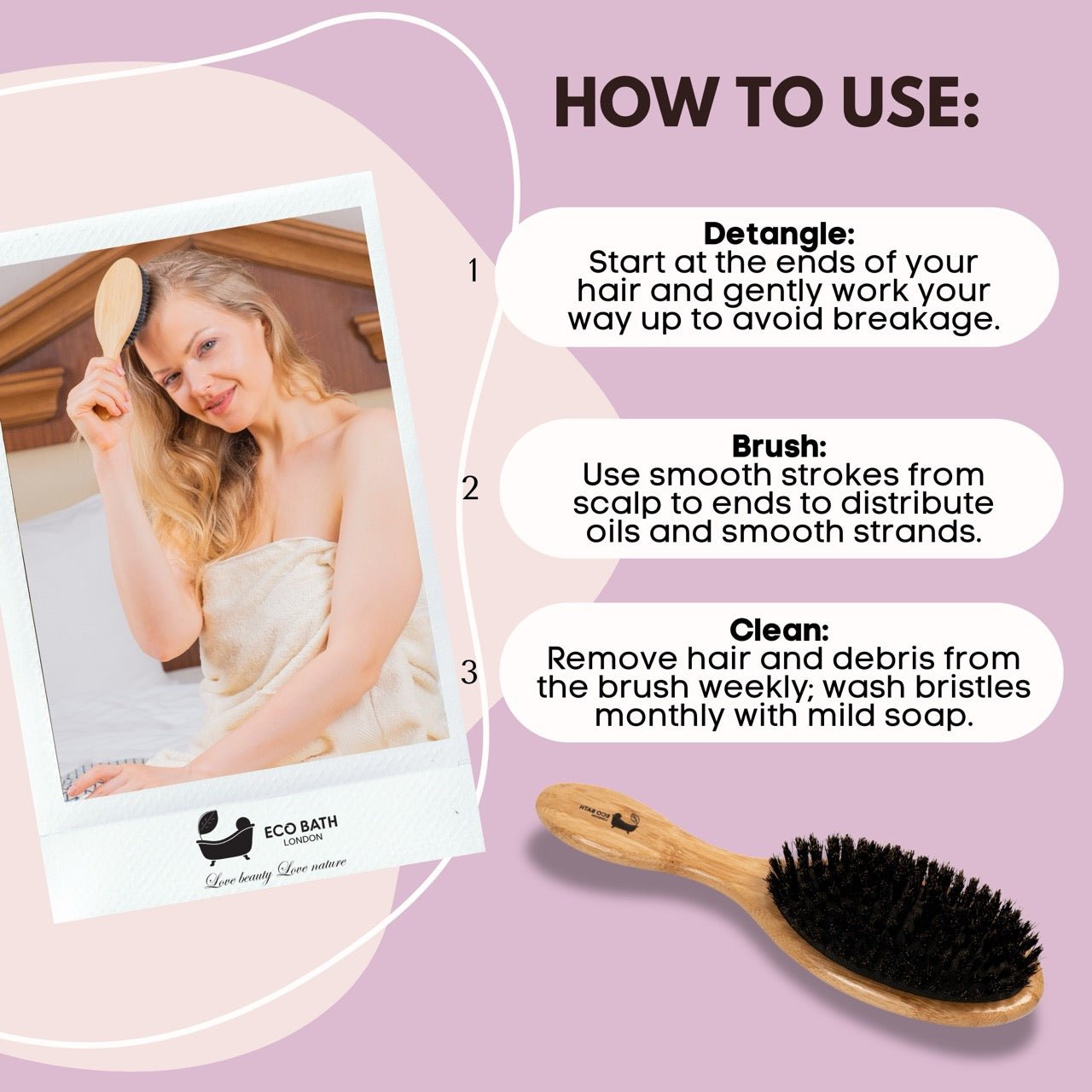 Eco Bath London Bamboo Hair Brush with Boar Bristles - Eco-Friendly Detangling Hairbrush for All Hair Types