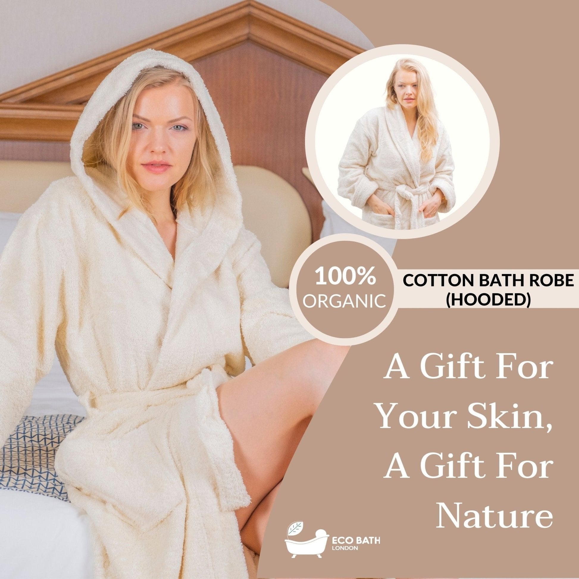 Hooded Organic Cotton Bath Robe in Natural Cream