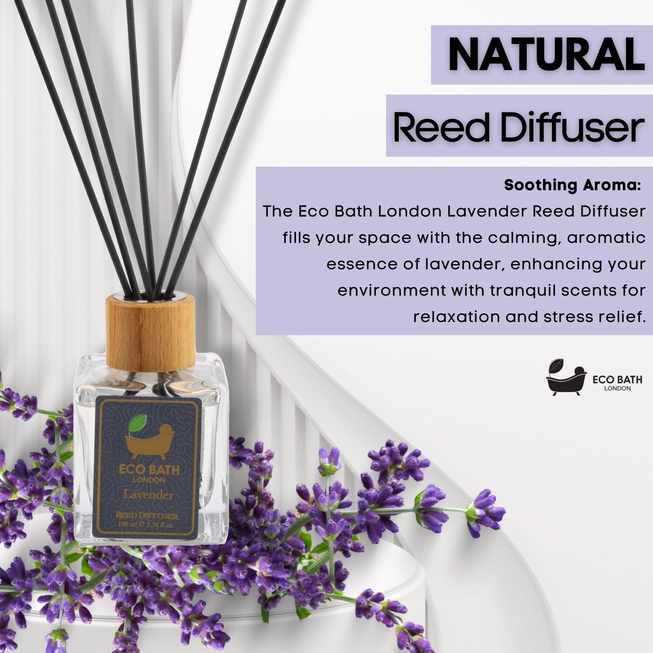 Eco Bath London French Lavender Reed Diffuser - Luxurious Home Fragrance with Natural Essential French Lavender Oil, 100ml (3.38 Fl.Oz)