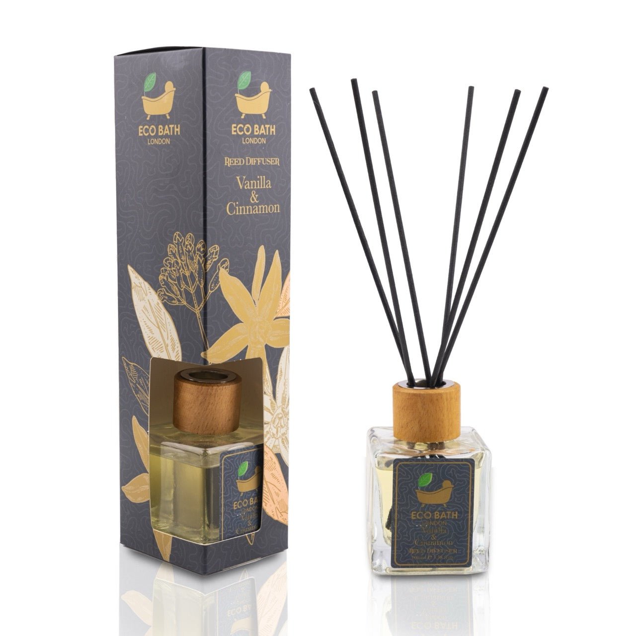 Eco Bath London Vanilla Cinnamon Reed Diffuser - Luxurious Herbal Scent of Cinnamon and Vanilla, Long Lasting Room Diffuser, 100ml (3.38 Fl.Oz)