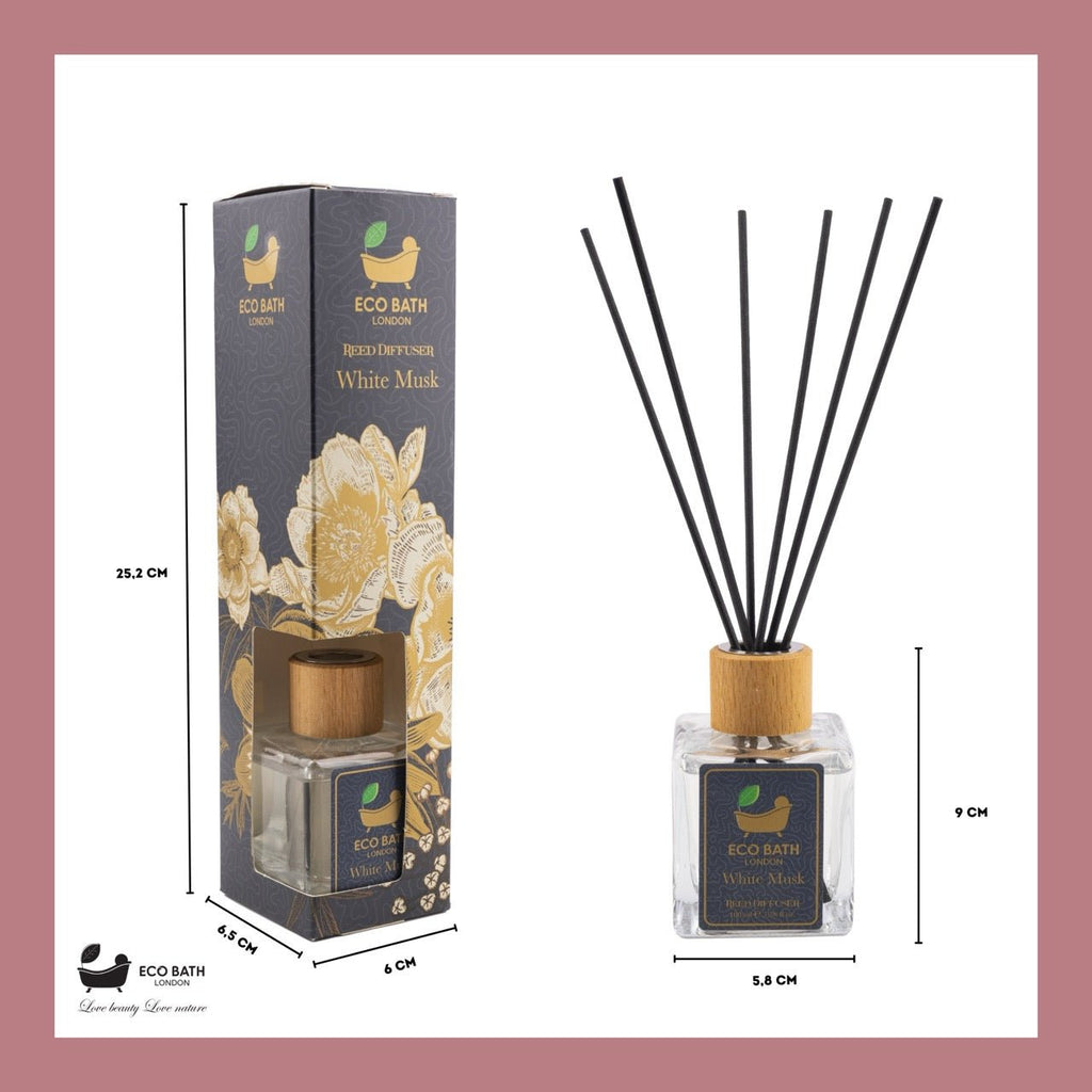 Eco Bath London White Musk Reed Diffuser - Fresh and Sweet Fruits Scented Room Diffuser with Lemon, Mandarin, Green Pear, and Bergamot, 100ml (3.38 Fl.Oz)