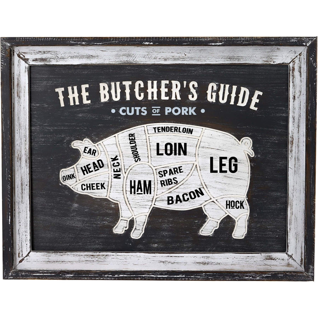 Vintage butcher's guide wall plaque with beef cut diagram, white graphics on wood, distressed silver frame, farmhouse kitchen decor by RoomLondon at brixbailey.com