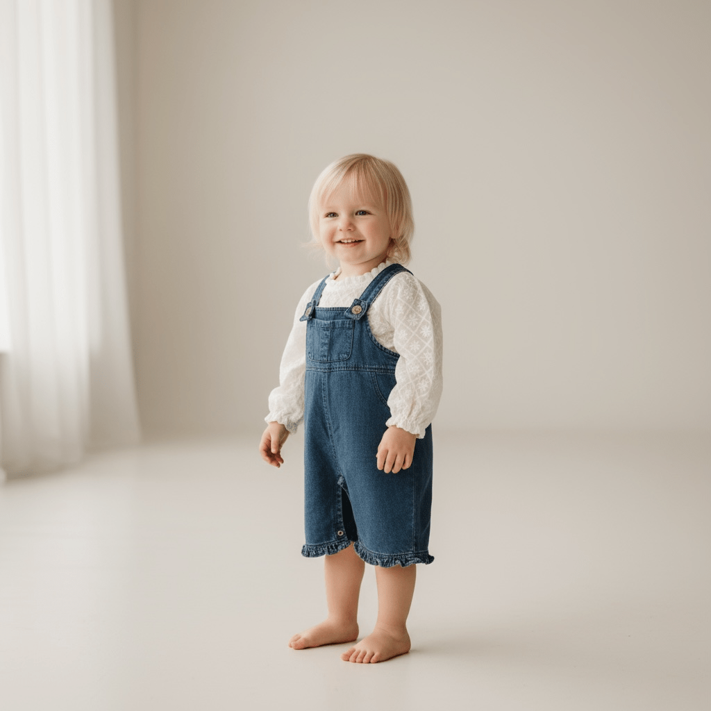 Embroidered Blouse and Denim Dungaree Set