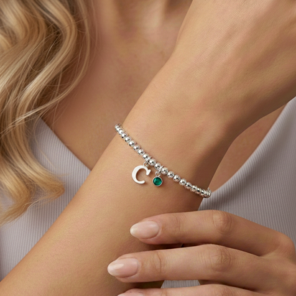 Personalised May Birthday Initial Letter and Birthstone Bracelet