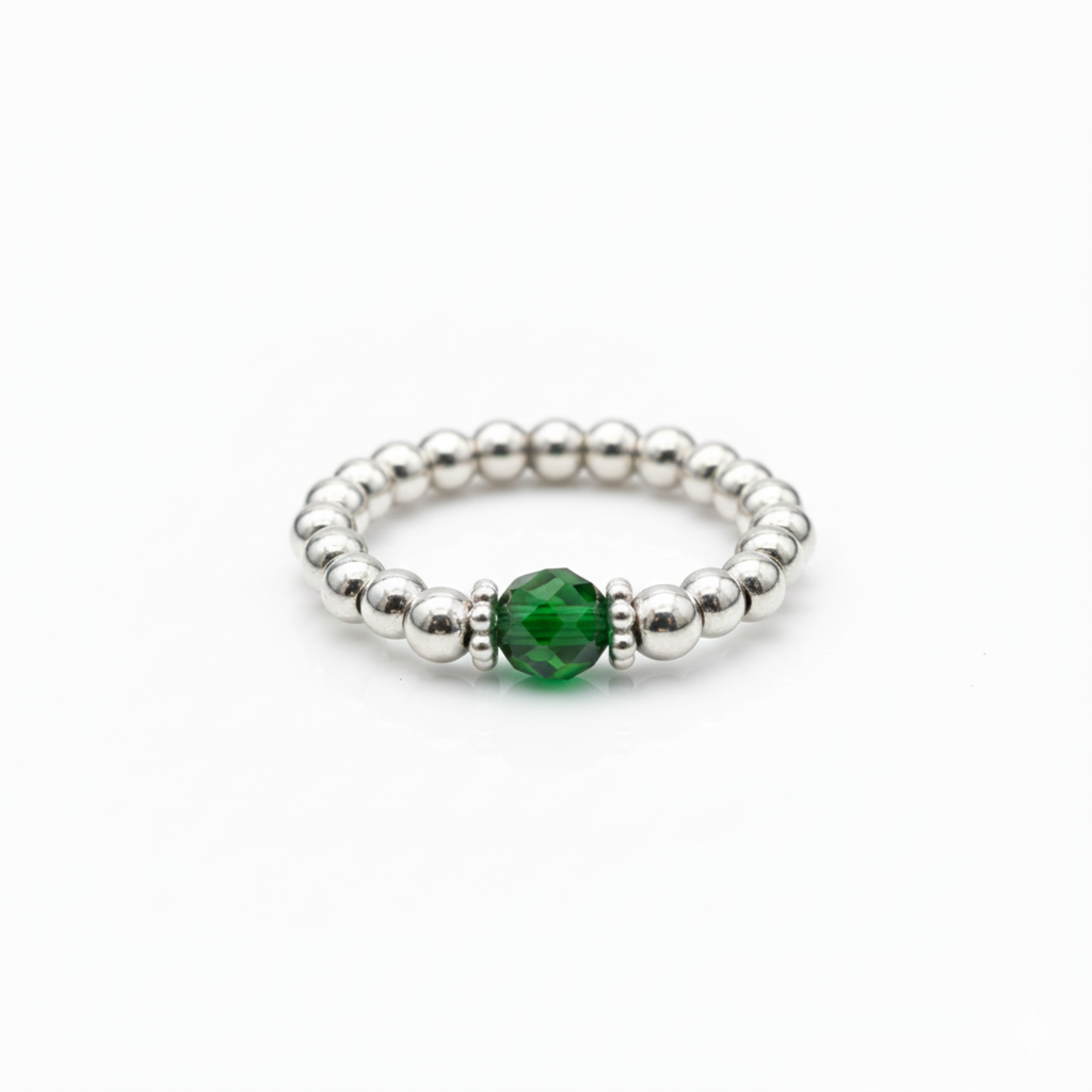 Emerald Crystal Ring with Silver Beads
