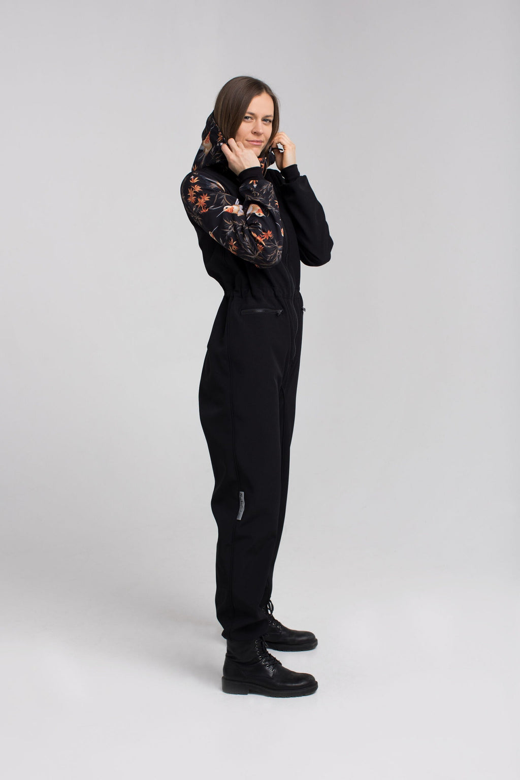 elegant waterproof onesie with softshell fabric and a digitally printed pattern