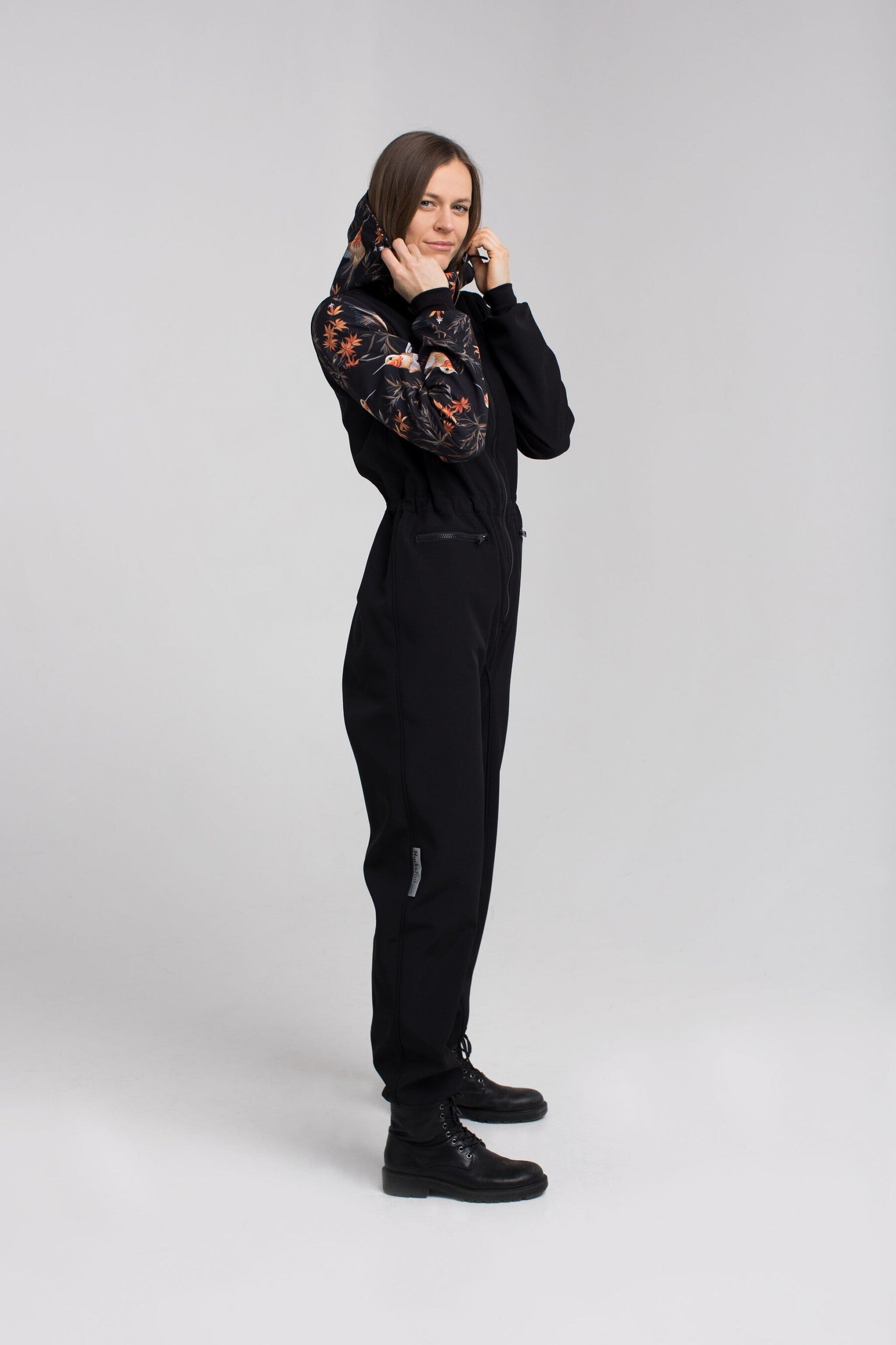 elegant waterproof onesie with softshell fabric and a digitally printed pattern