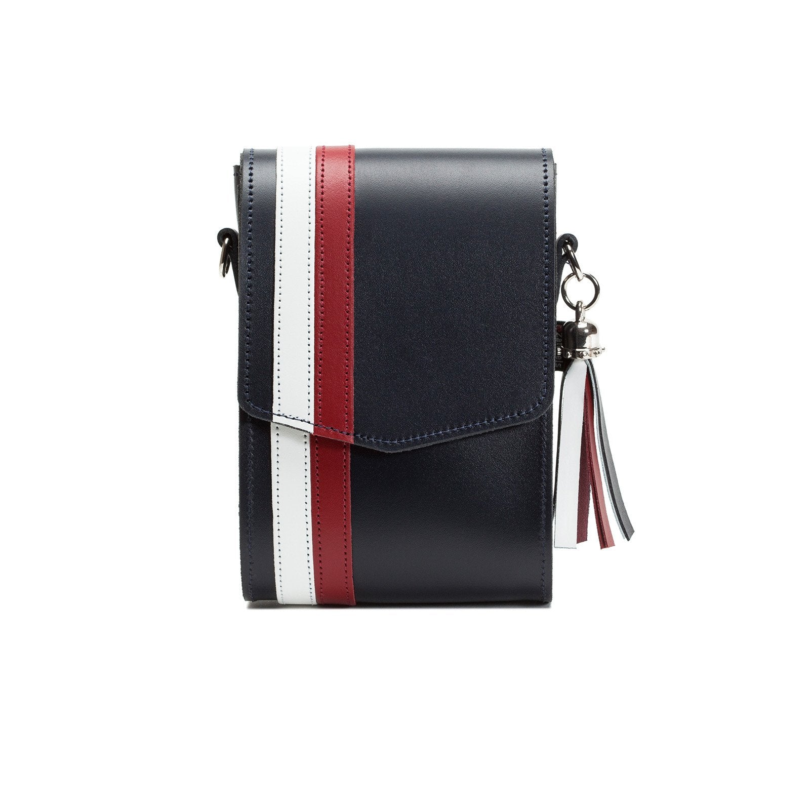 Handmade Leather Festival Phone Bag Navy with Red and White Stripes