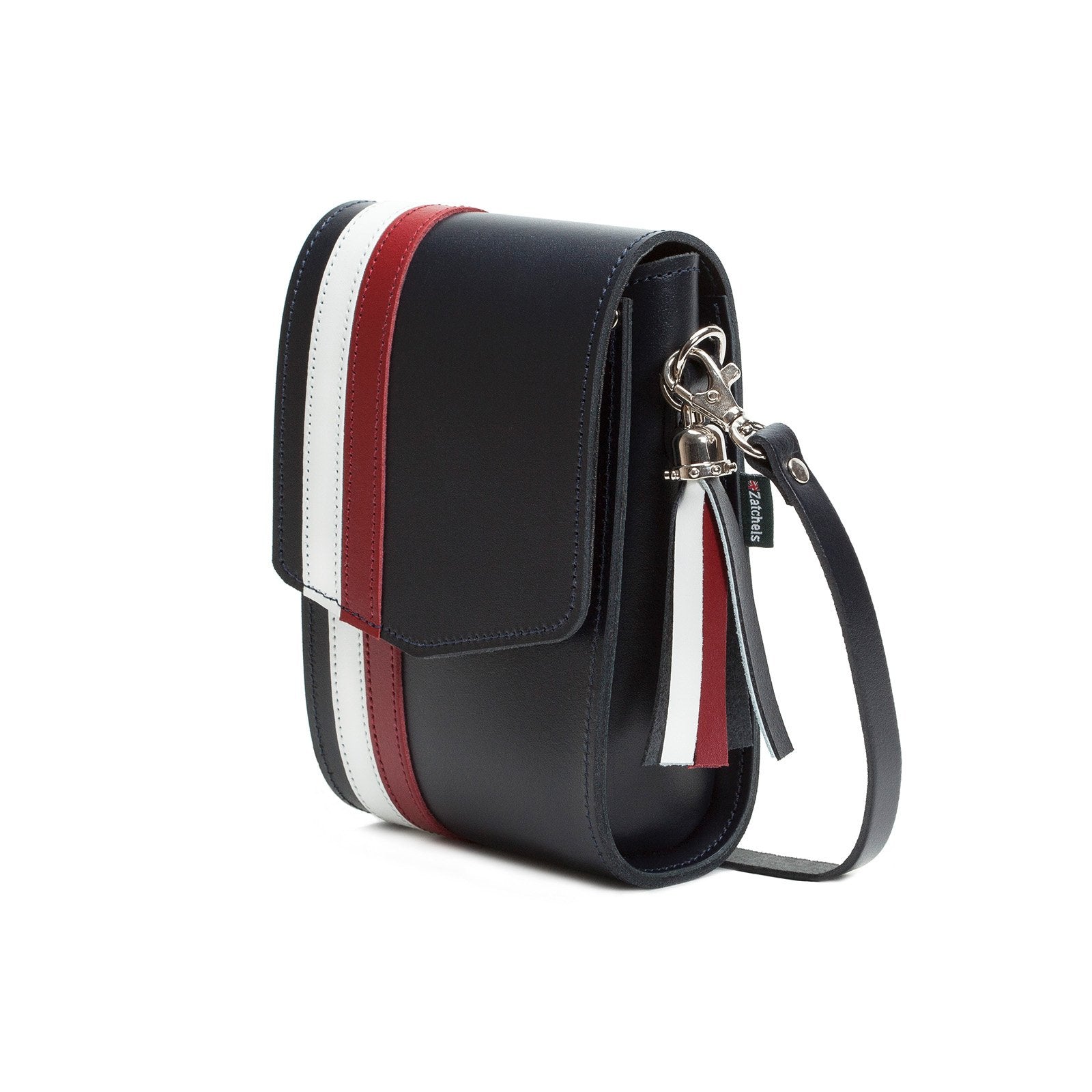 Handmade Leather Festival Phone Bag Navy with Red and White Stripes