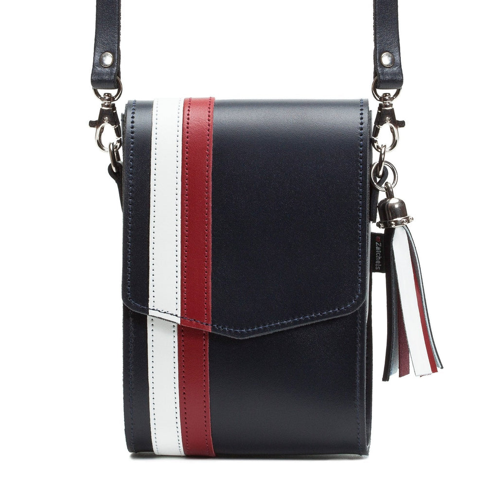 Handmade Leather Festival Phone Bag Navy with Red and White Stripes