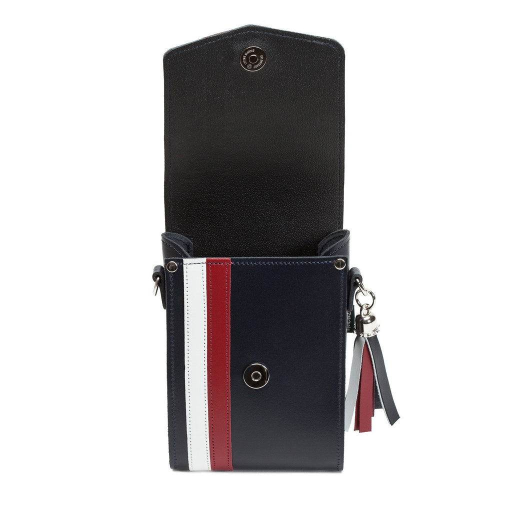 Handmade Leather Festival Phone Bag Navy with Red and White Stripes