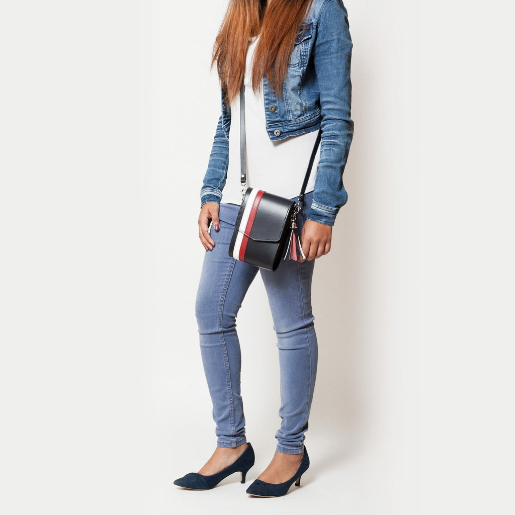 Handmade Leather Festival Phone Bag Navy with Red and White Stripes
