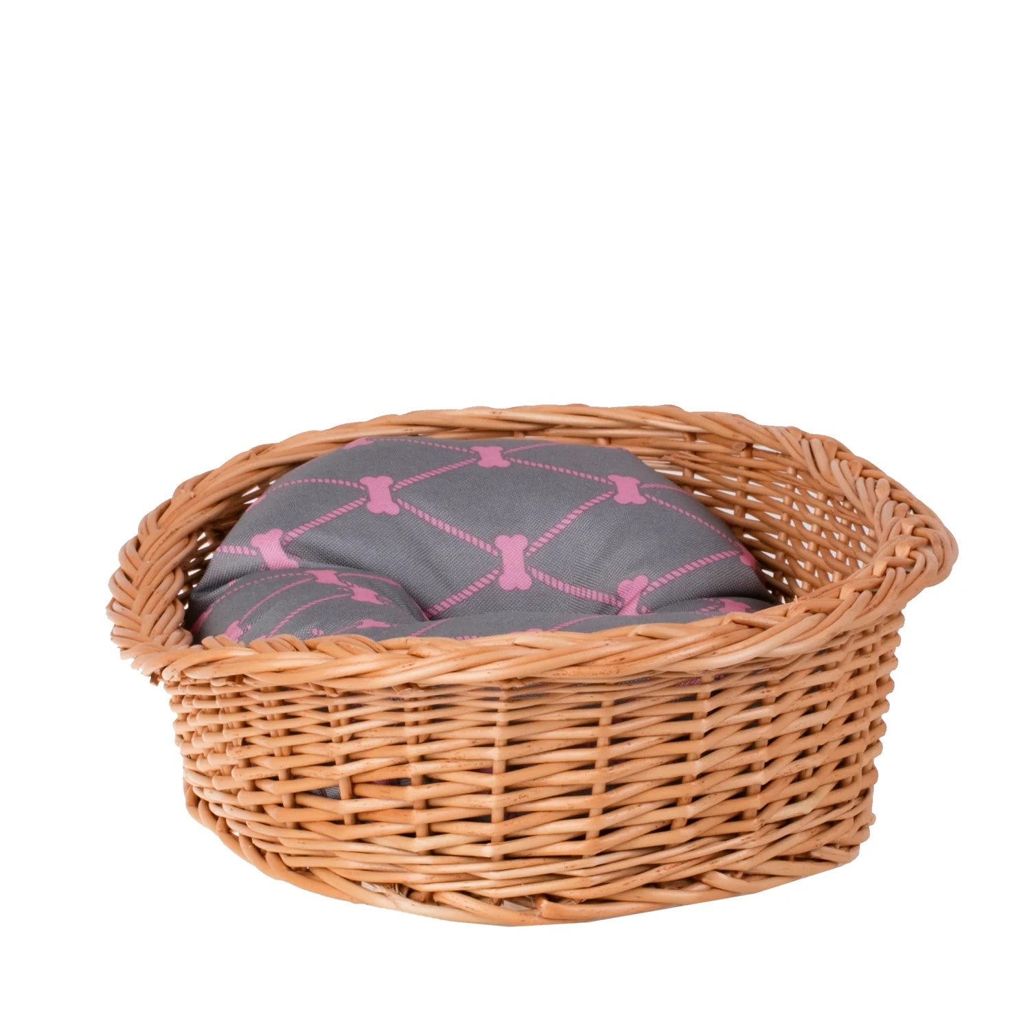 Enovia Natural Wicker Dog Bed With Grey And Pink Cushion, 70x54 cm