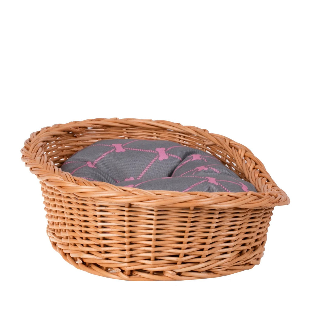 Enovia Natural Wicker Dog Bed With Grey And Pink Cushion,  75x57 cm