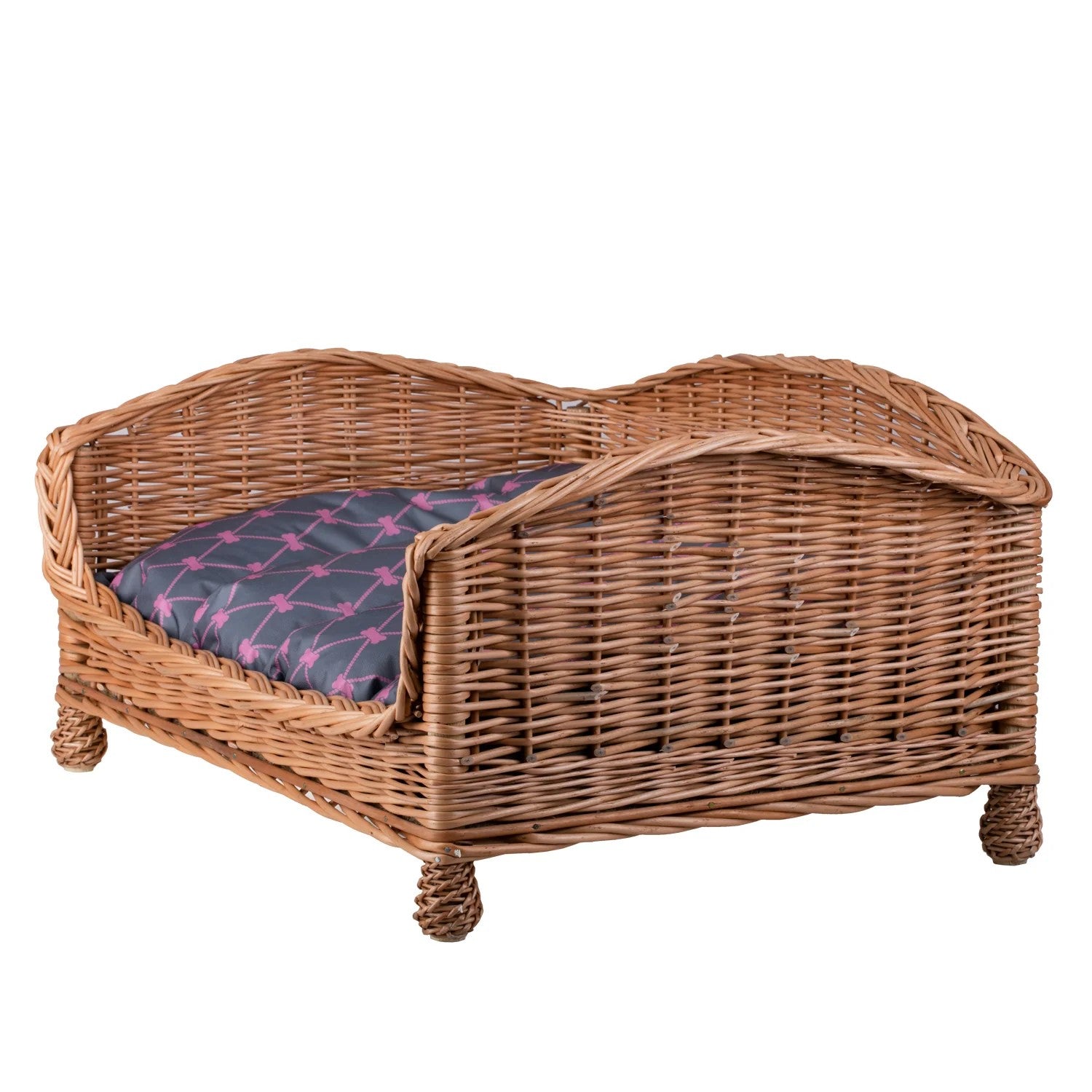 Erivia Wicker Pet Basket With Gray And Pink Cushion, 74x52 cm