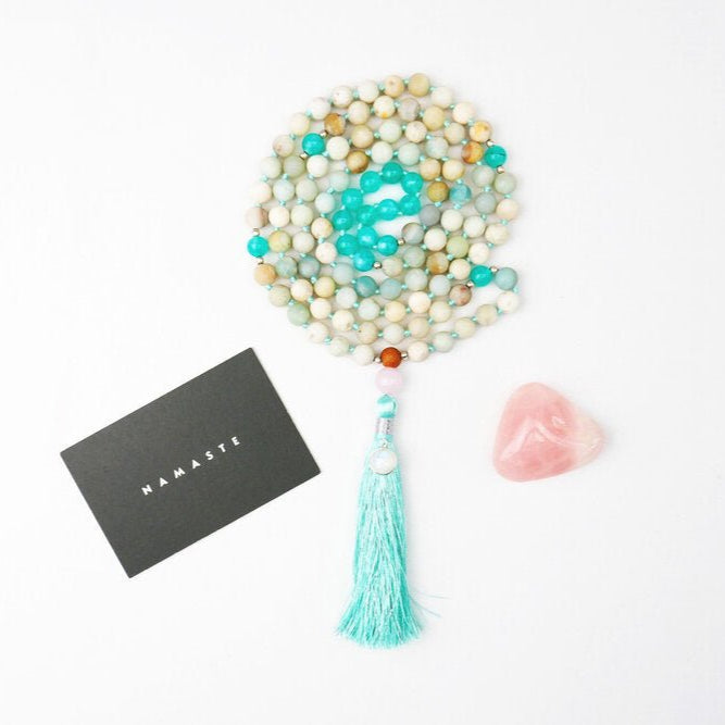 Eros Mala Necklace with Rose Quartz, Amazonite and Rainbow Moonstone