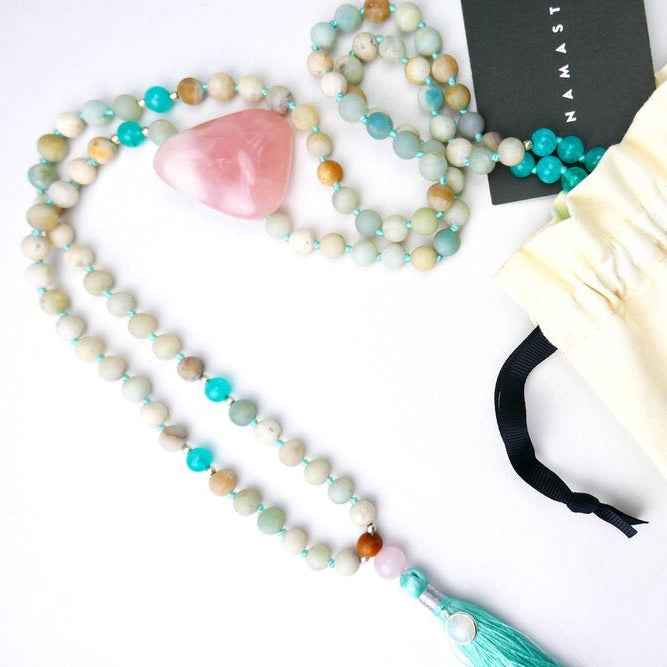 Eros Mala Necklace with Rose Quartz, Amazonite and Rainbow Moonstone